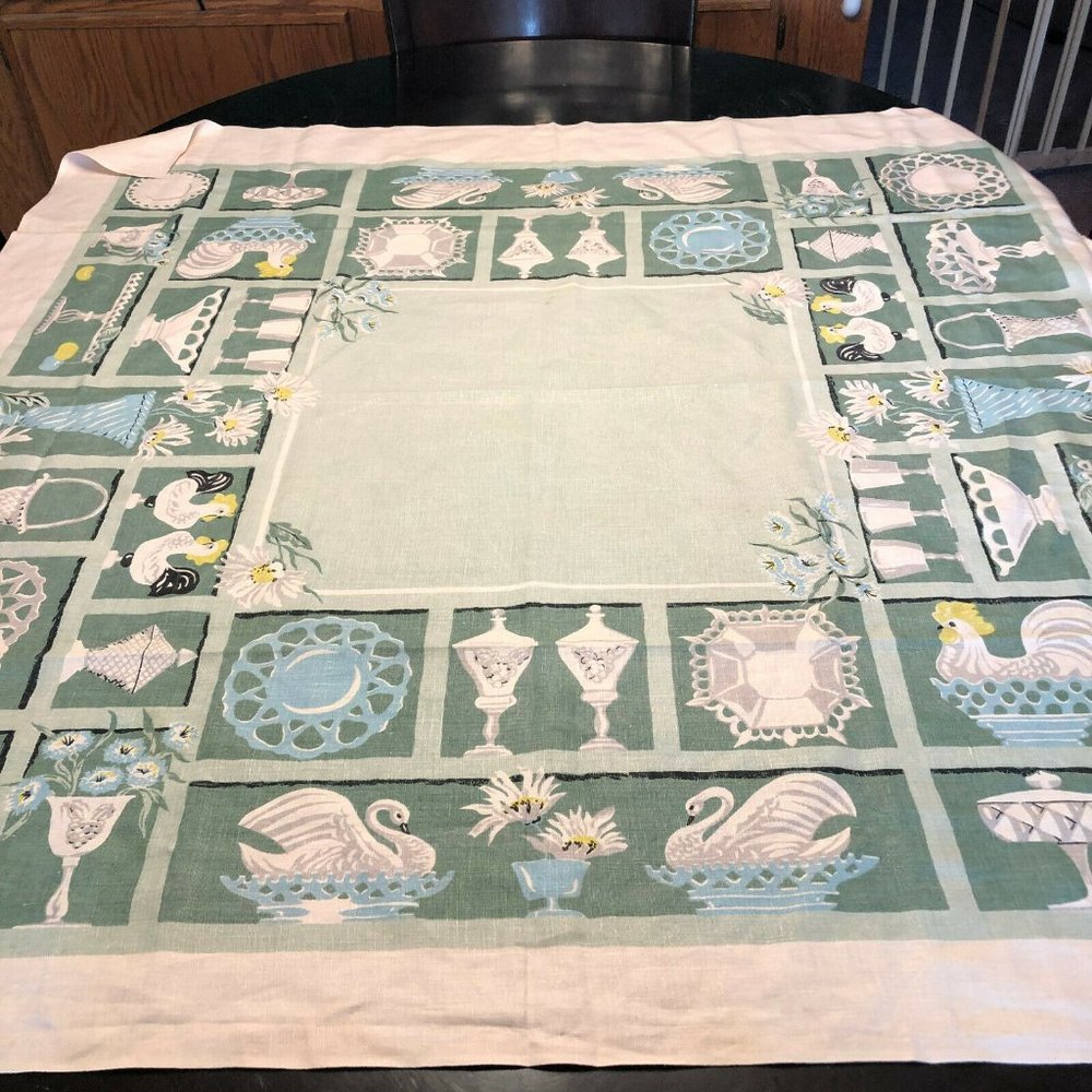 Vintage 40s Linen Tablecloth Swans Roosters Urns